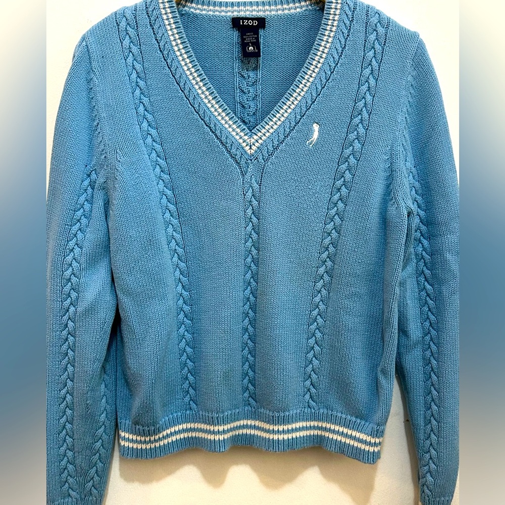 IZOD Baby Blue & White V-Neck Cable-Knit‎ Cotton Pullover Sweater Size Large